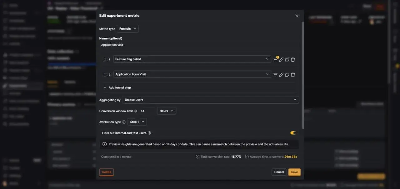 PostHog Edit experiment metric dialog showing a funnel from Feature flag called to Application Form Visit
